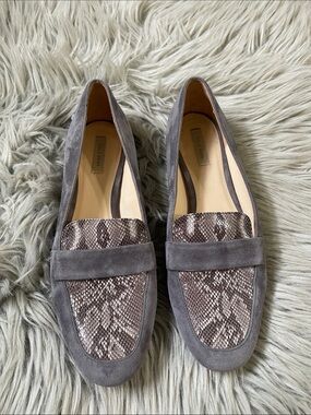 Cole Haan Gray Suede Loafers with Snakeskin-Print Vamp